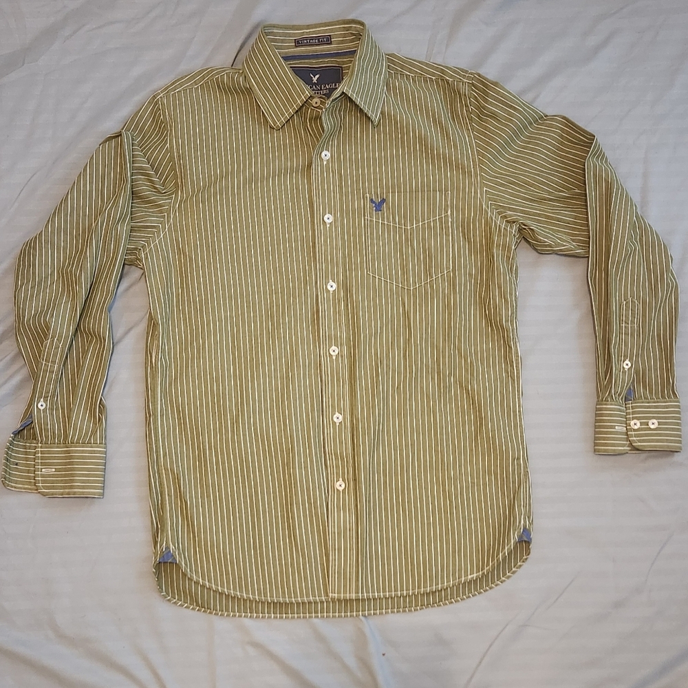 American Eagle Green Striped Collared Shirt (Size Medium)